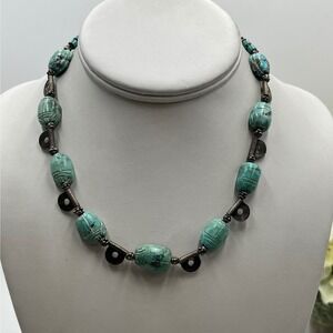Vintage Sterling Silver Turquoise Carved Scarab Necklace Egyptian Revival Style